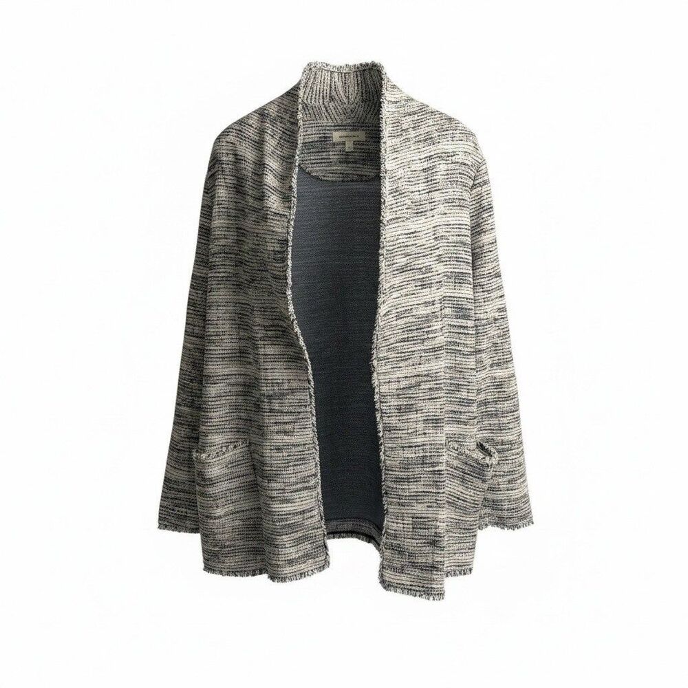 Max Studio Blazer Open Front Fringed Tweed Knit Blue White Casual Office 1X 1654